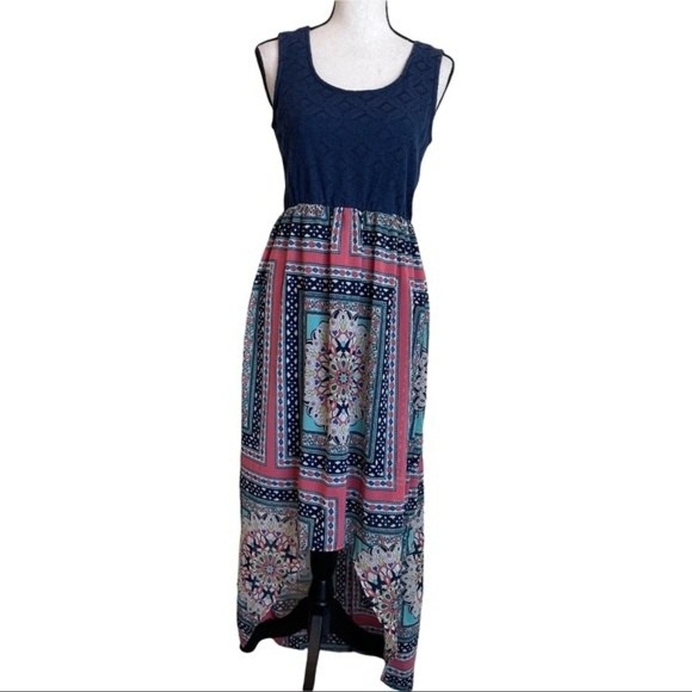 Tanzara‎ High Low Maxi Dress with Lace Front Bodice and Handkerchief Print Skirt